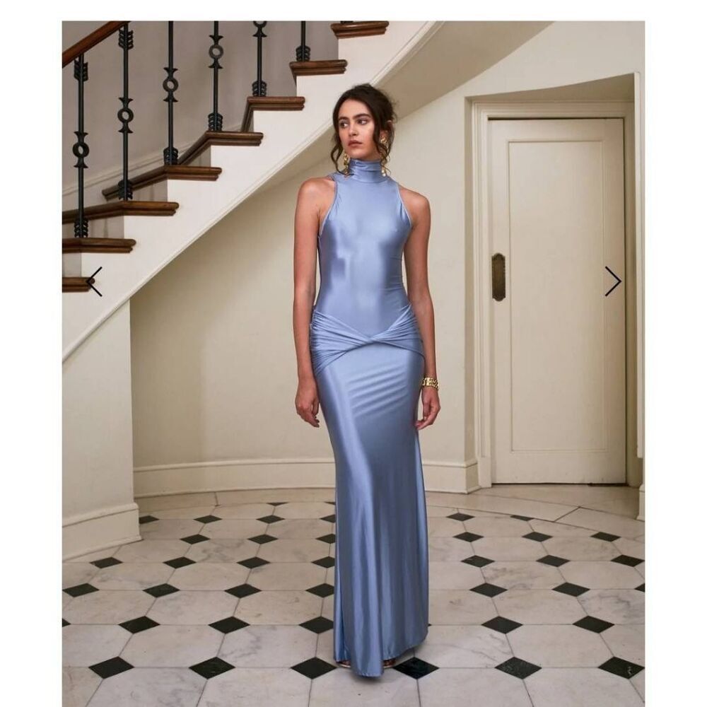 Delfi Collective Roya saphire blue Ruched Twisted Satin Maxi Dress
